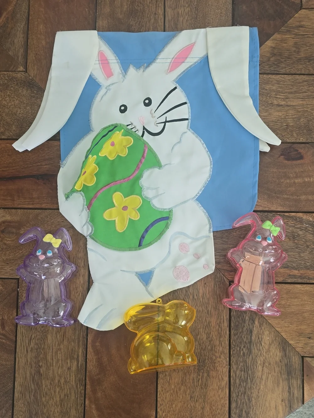 Kids Bunny Easter Garden Flag- White & Blue with Vintage Plastic Containers
